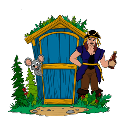 Shh It's A Show — a blue outhouse with Captain Shh-nel and Stu